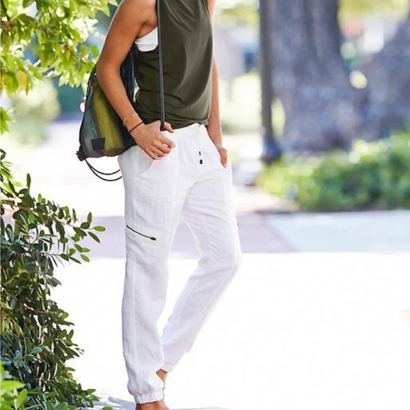Athleta White Linen Women's Jogger Pants size L - Picture 1 of 7